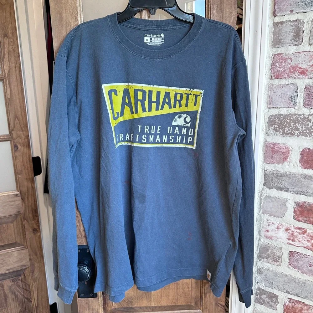 Carhartt Graphic Long Sleeve Shirt Mens XL Gray Relaxed Fit STAINS